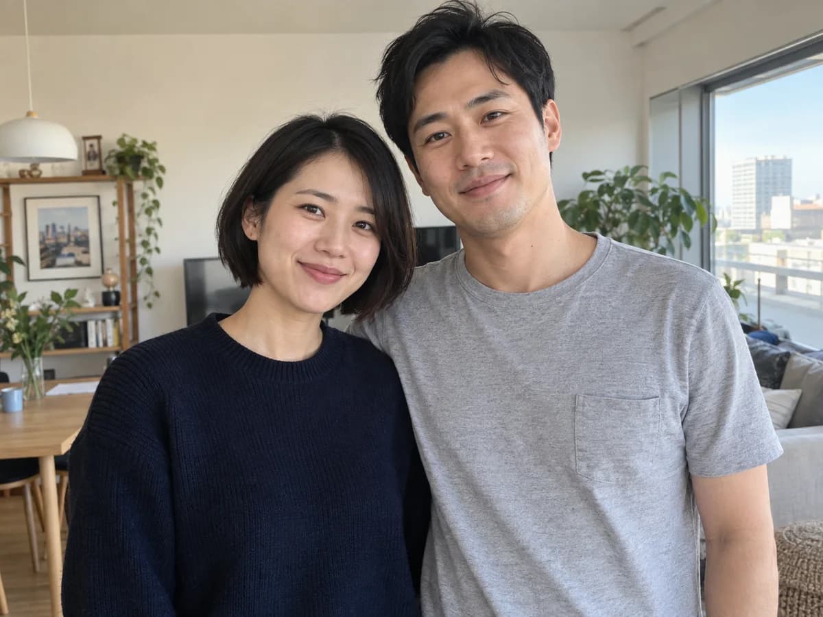 Modern East Asian couple photographed together at home