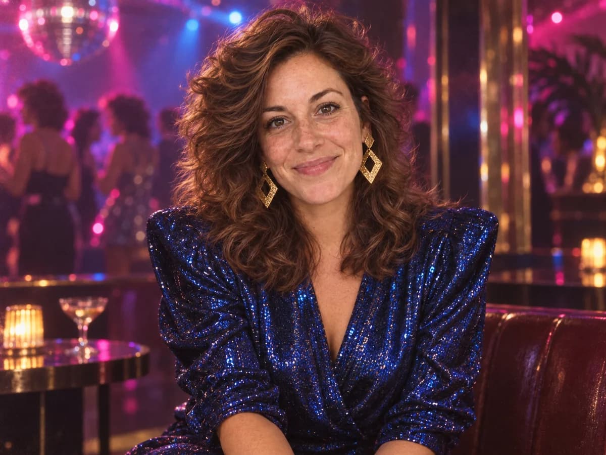 The same woman with big 80s hair and a shimmering disco outfit