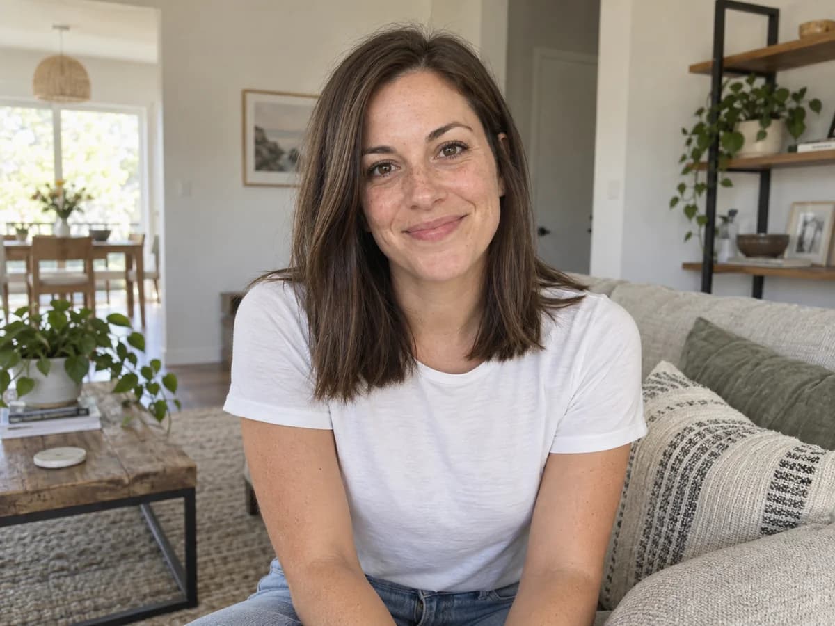 Woman with straight brown hair and a plain white T-shirt