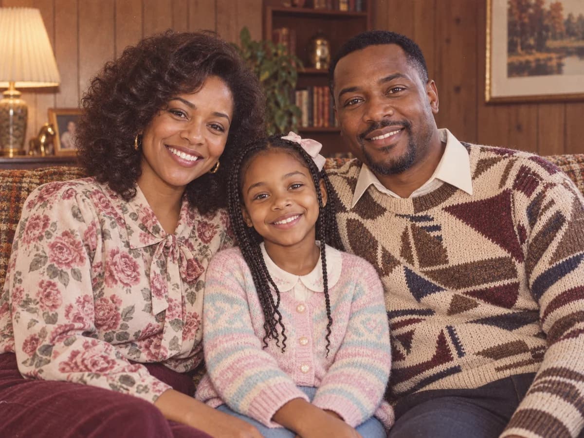 The same family in period knitwear in a 1980s living room