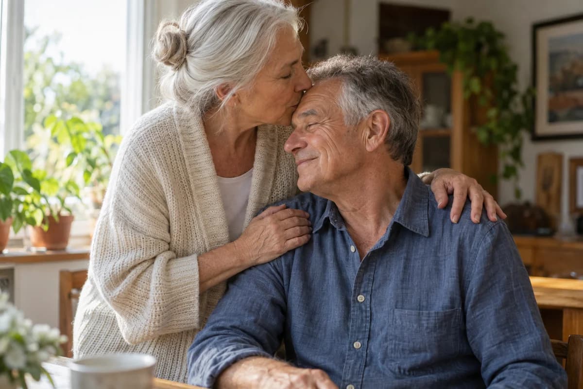 Fictional older adult woman kissing her smiling husband's forehead in a sunlit home