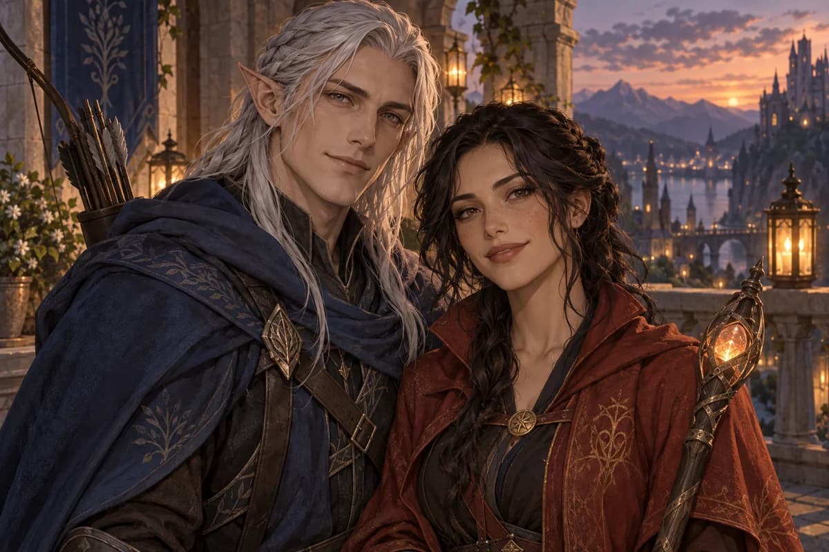 Original adult elf ranger and mage standing side by side on a balcony