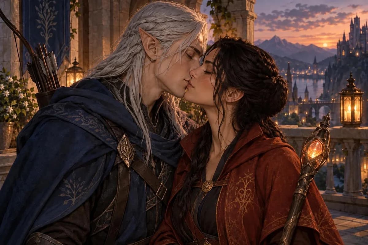 Two original adult fantasy game characters kissing on a lantern-lit balcony