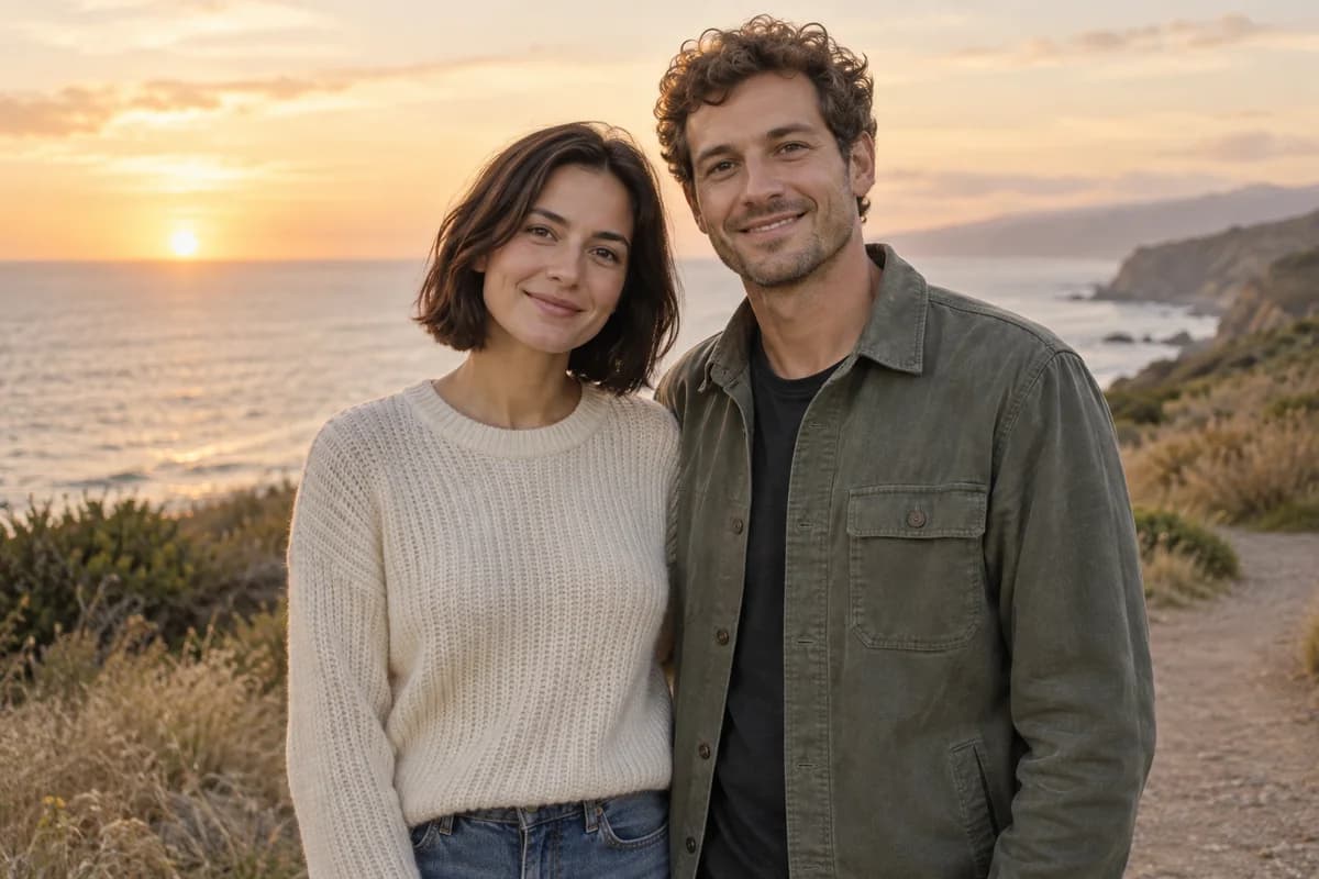 The same fictional adult couple standing side by side on a coastal path