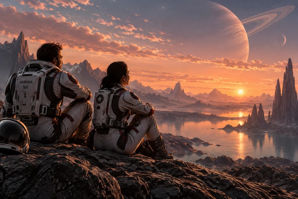 Two fictional adult space explorers watching an alien sunset