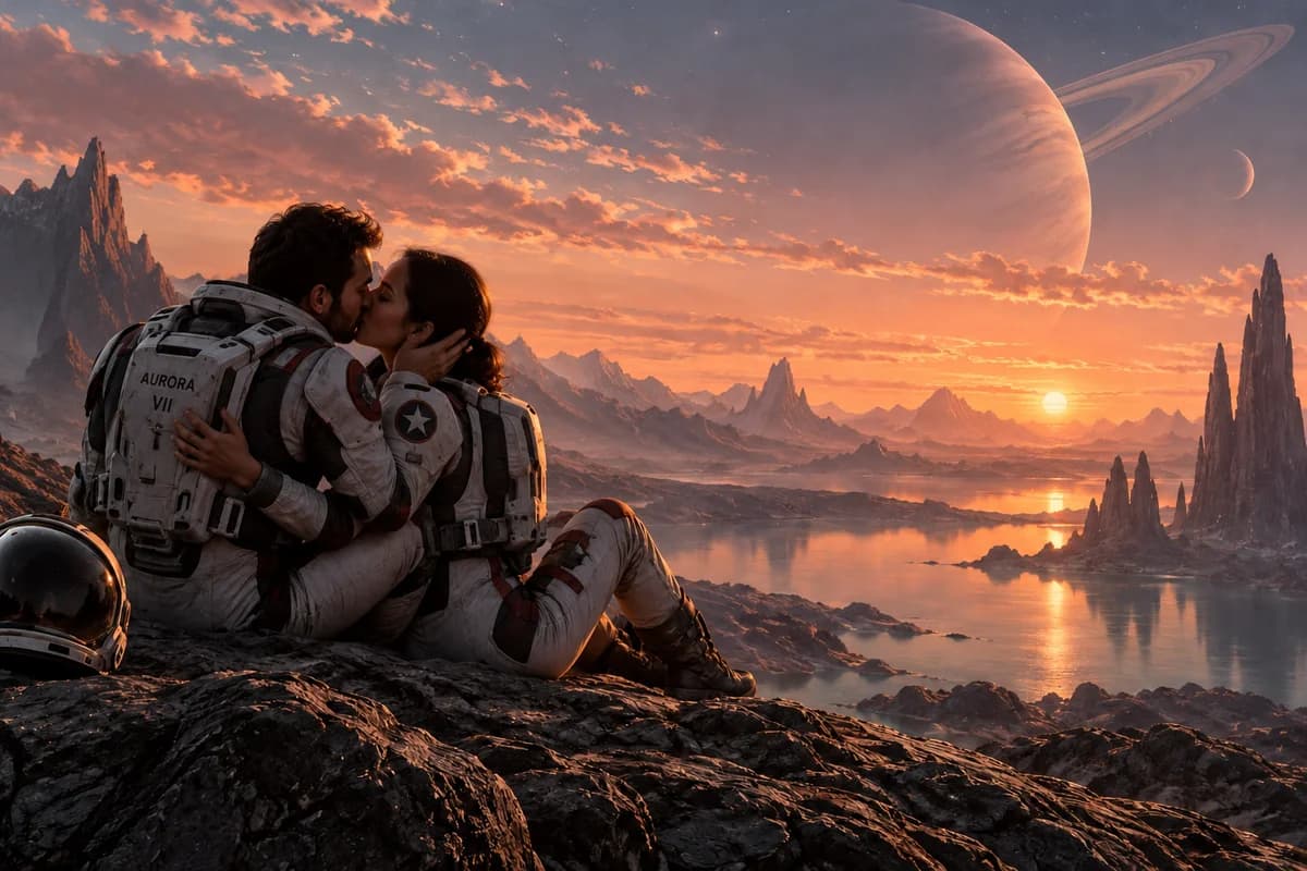 The same space explorers kissing beneath a ringed planet