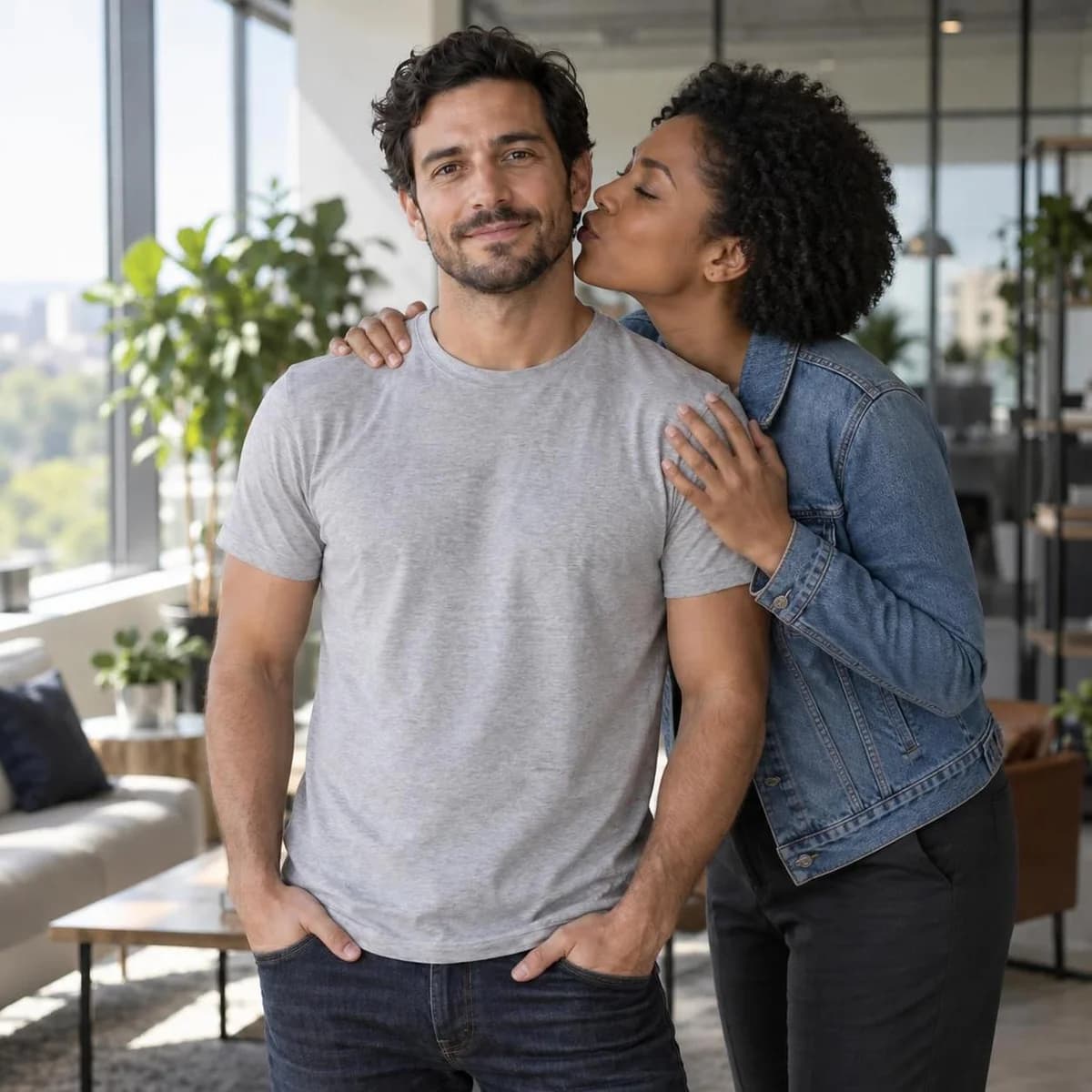 The same fictional adults together, with the woman kissing the man's cheek