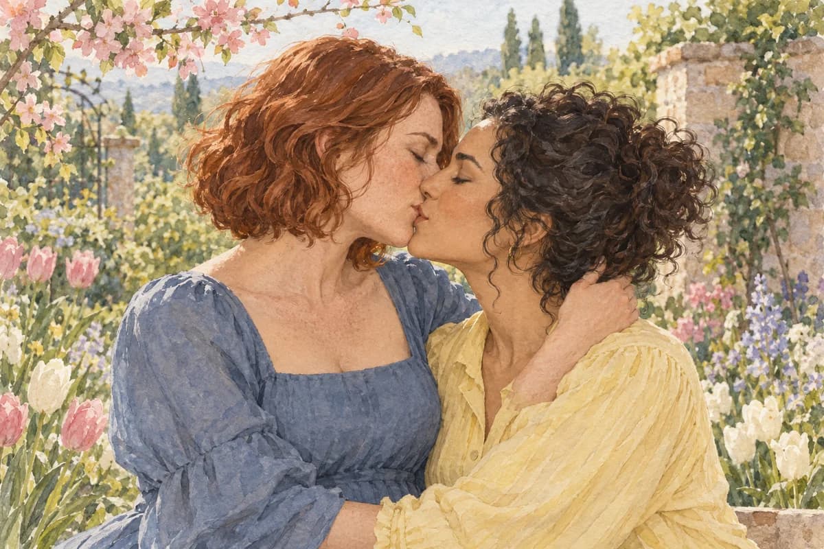 Watercolor illustration of two fictional adult women sharing a kiss in a spring garden