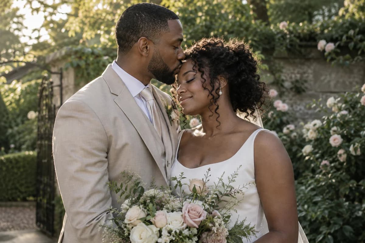 Fictional adult groom gently kissing his bride's forehead in a garden