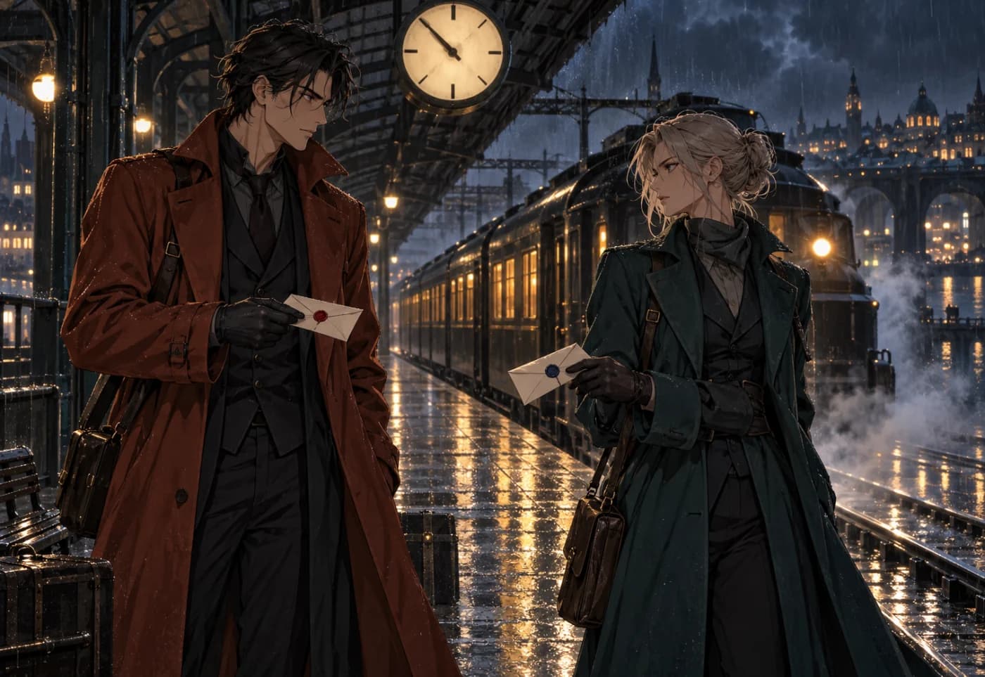 Two original adult couriers exchanging letters at a rainy station
