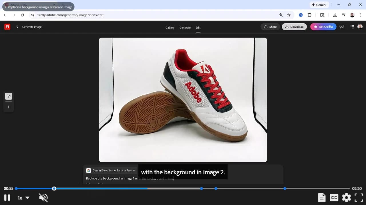 Firefly Edit workspace showing the original shoes on white, two reference thumbnails and the background replacement request