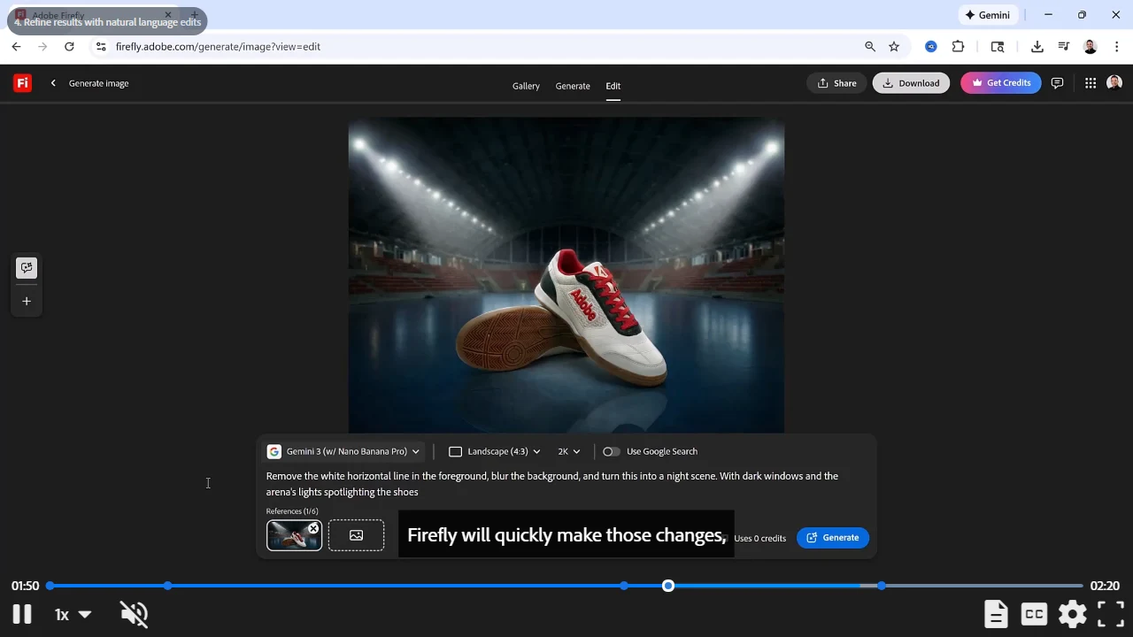 Firefly follow-up result showing the shoes in a dark arena with lights above and the follow-up instruction below