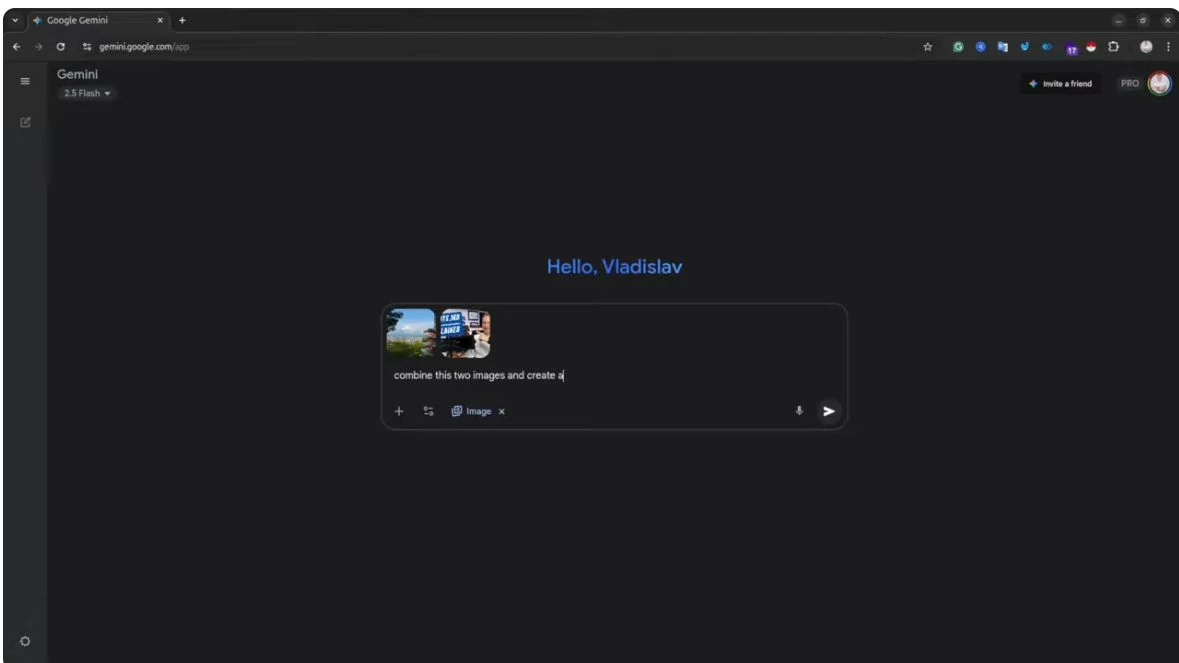 Gemini tutorial showing a landscape and a portrait thumbnail attached to one image-combination request