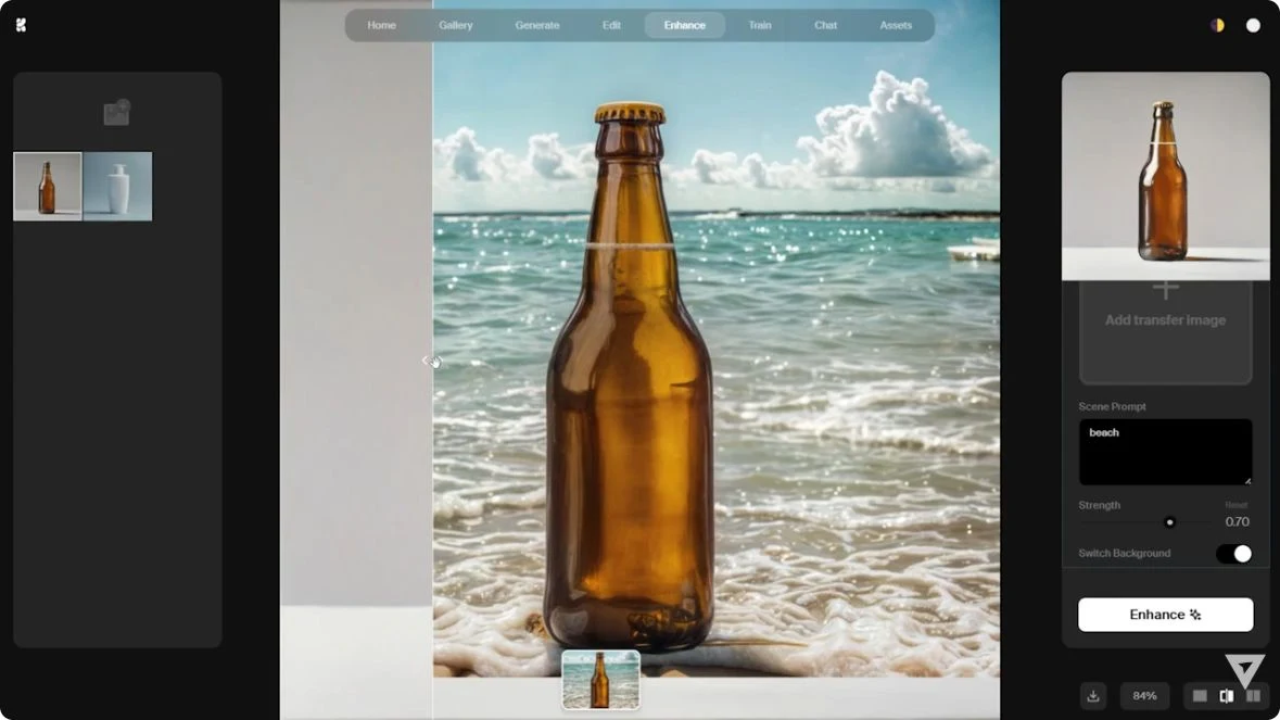 Krea Scene Transfer tutorial showing a bottle among beach waves, the original product thumbnail and the beach prompt
