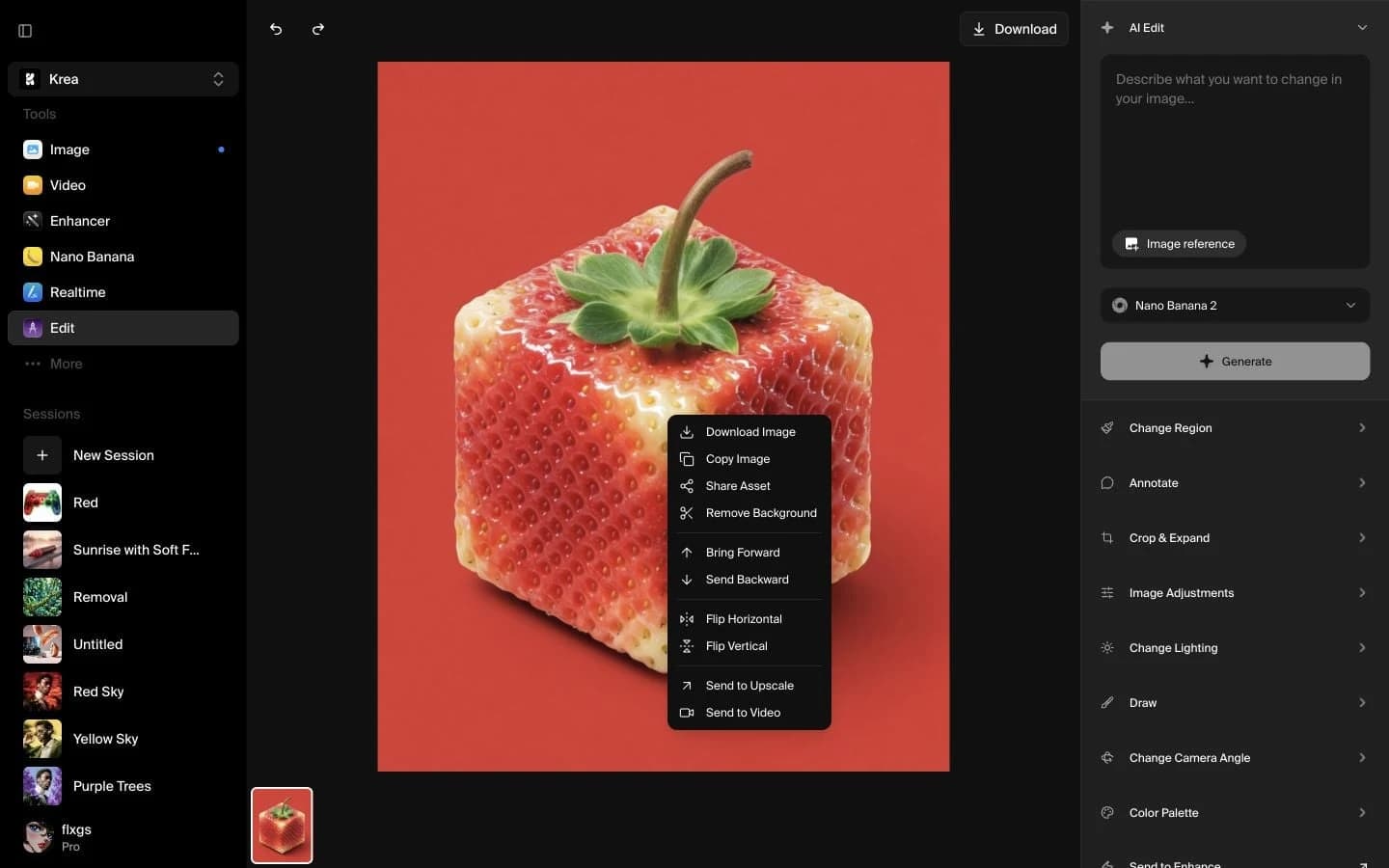 Krea editor with a cube-shaped strawberry on red and the image context menu open to Remove Background