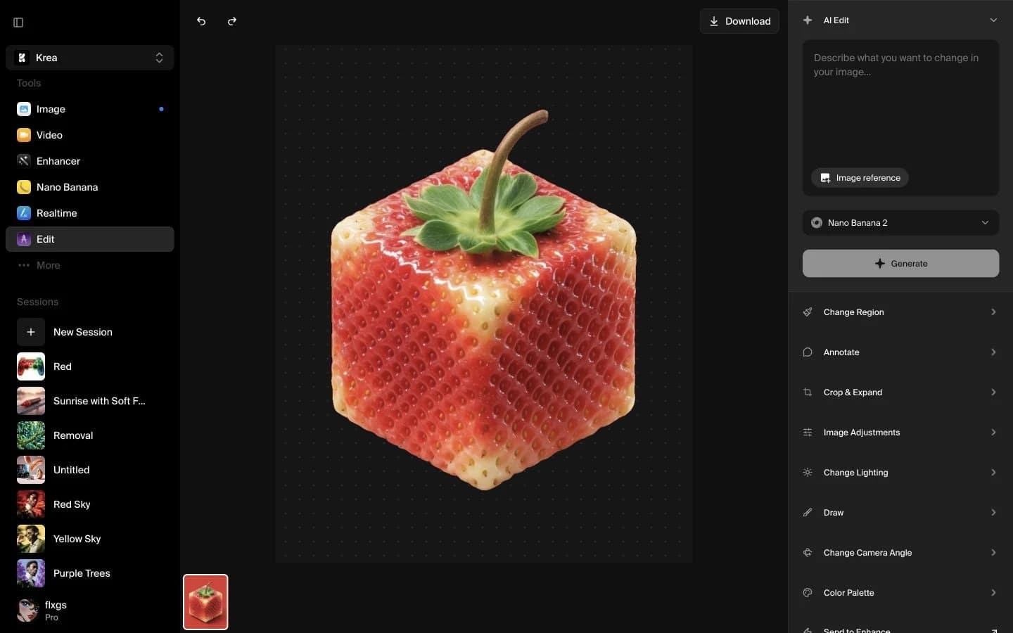 Krea's official result screenshot showing the cube-shaped strawberry with the red background removed on a dotted canvas