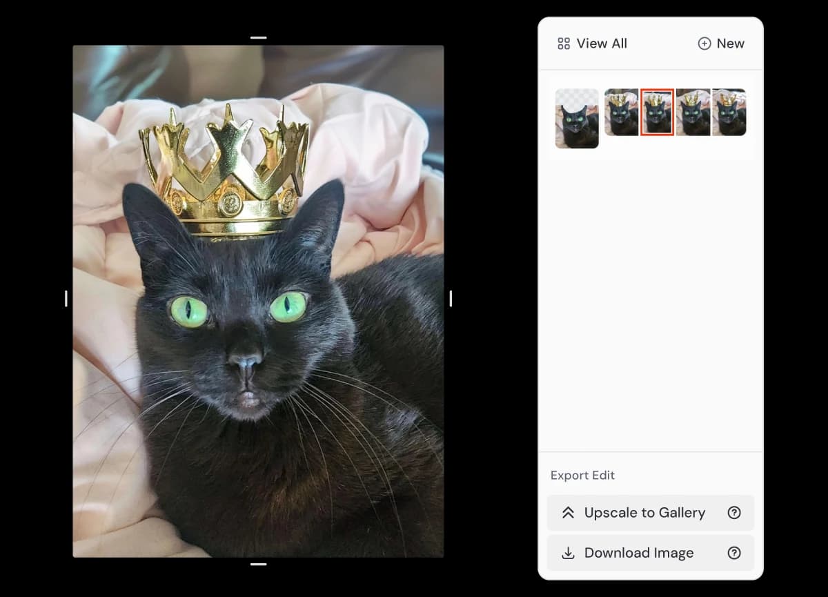 Midjourney's official result screenshot showing a gold crown above the cat's head, candidate thumbnails and export controls