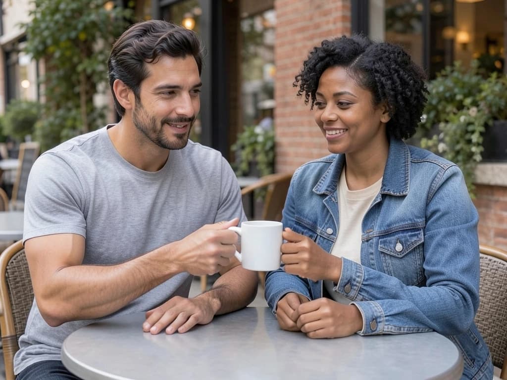 The woman has three hands: one at the mug and two at the table.