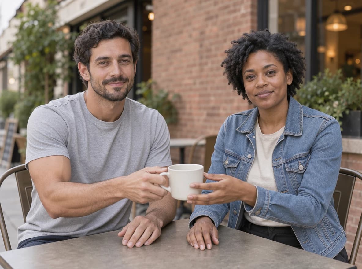 Four hands, one shared mug, and both free hands resting separately on the table.