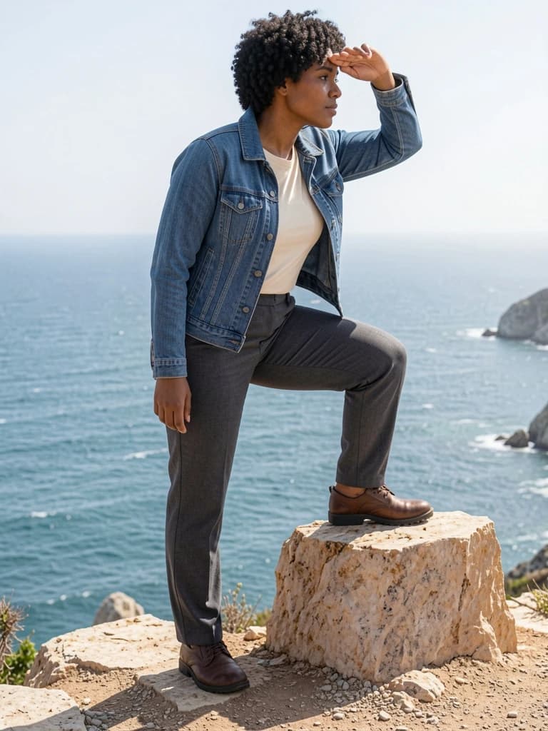 Actual generated photograph of a woman in a denim jacket with one foot on a rock and one hand shading her eyes