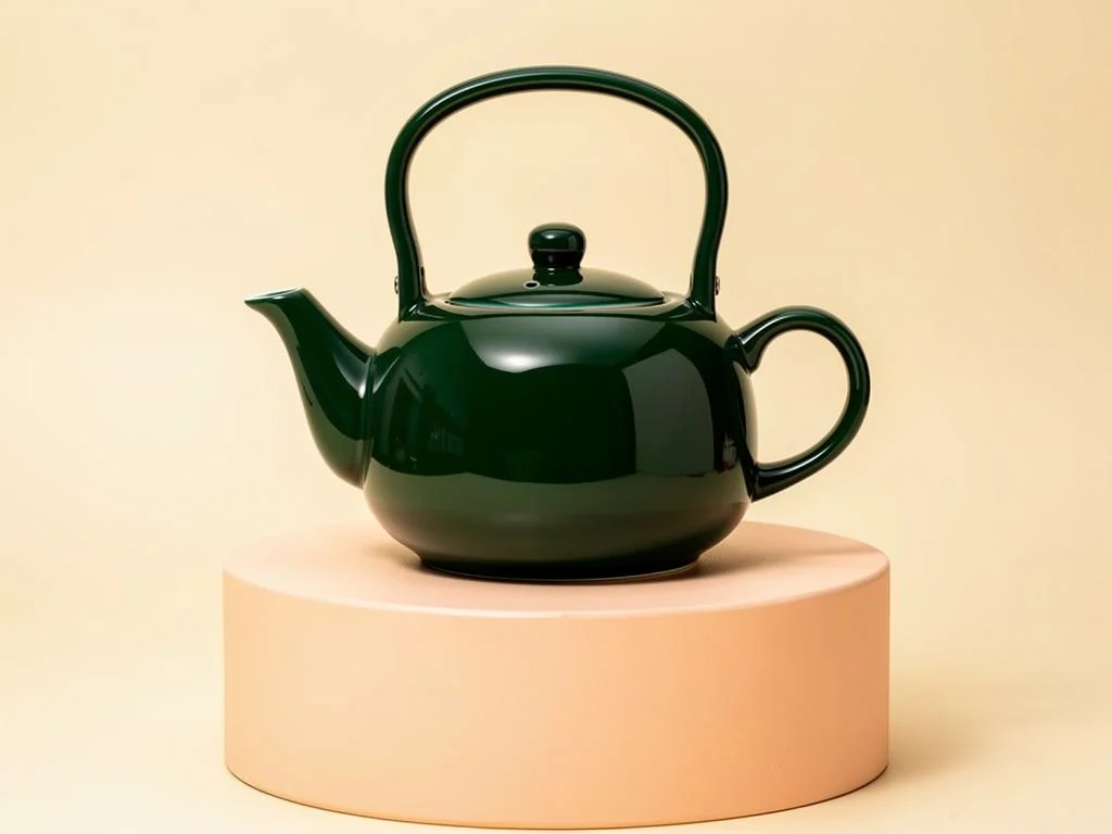 The Pro teapot recolored deep green, with both handles and peach pedestal retained