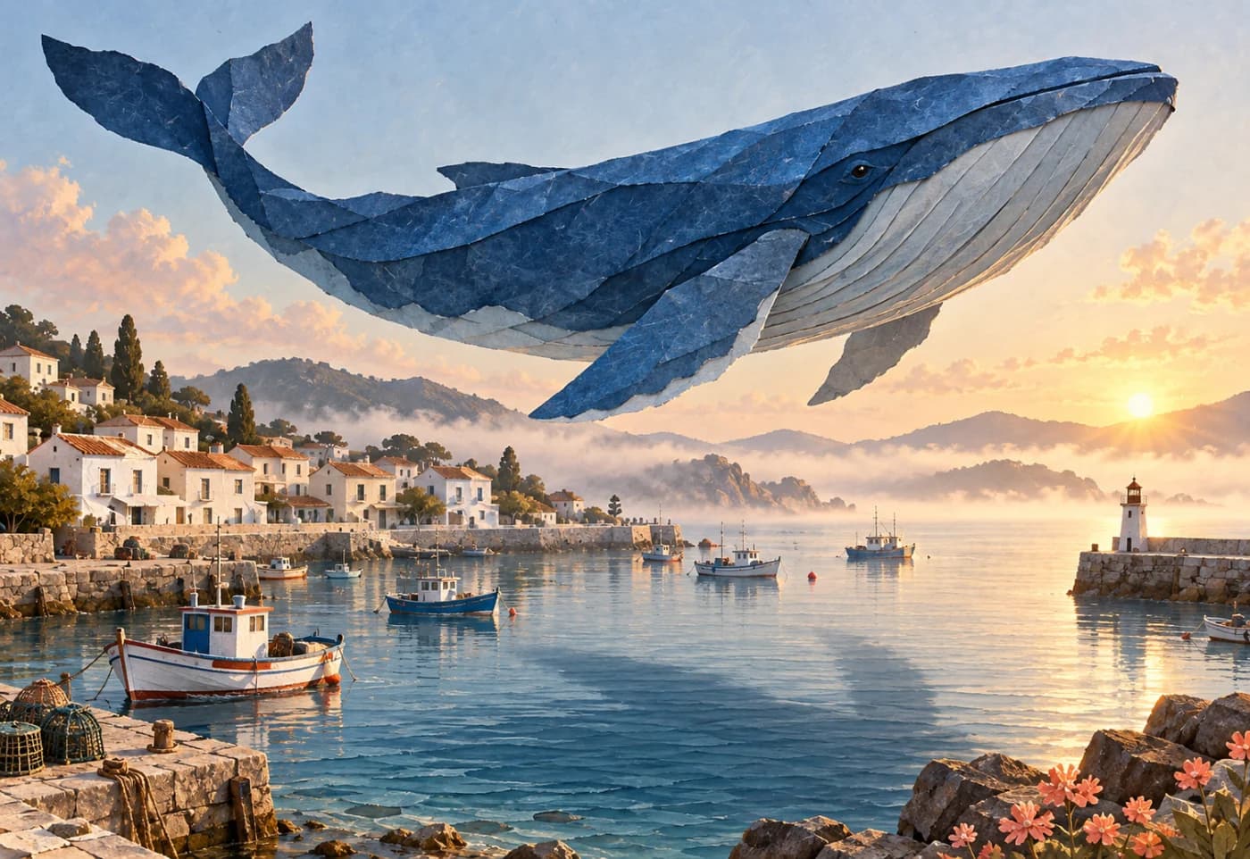 Large indigo origami whale floating over a coastal harbor