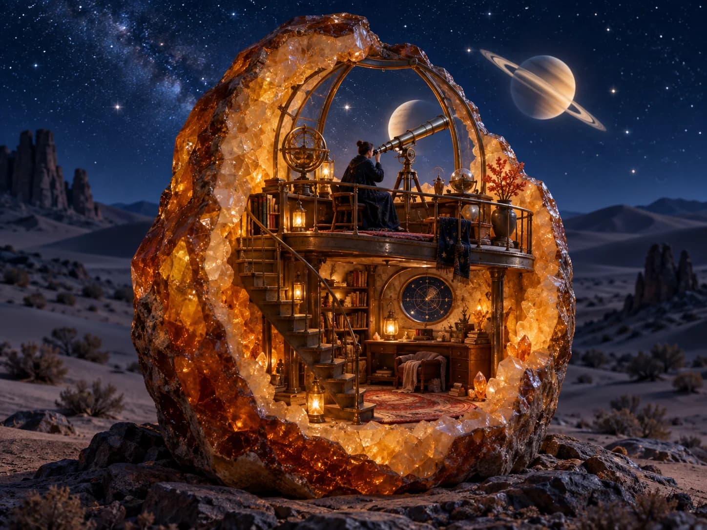 Amber geode observatory under a starry desert sky