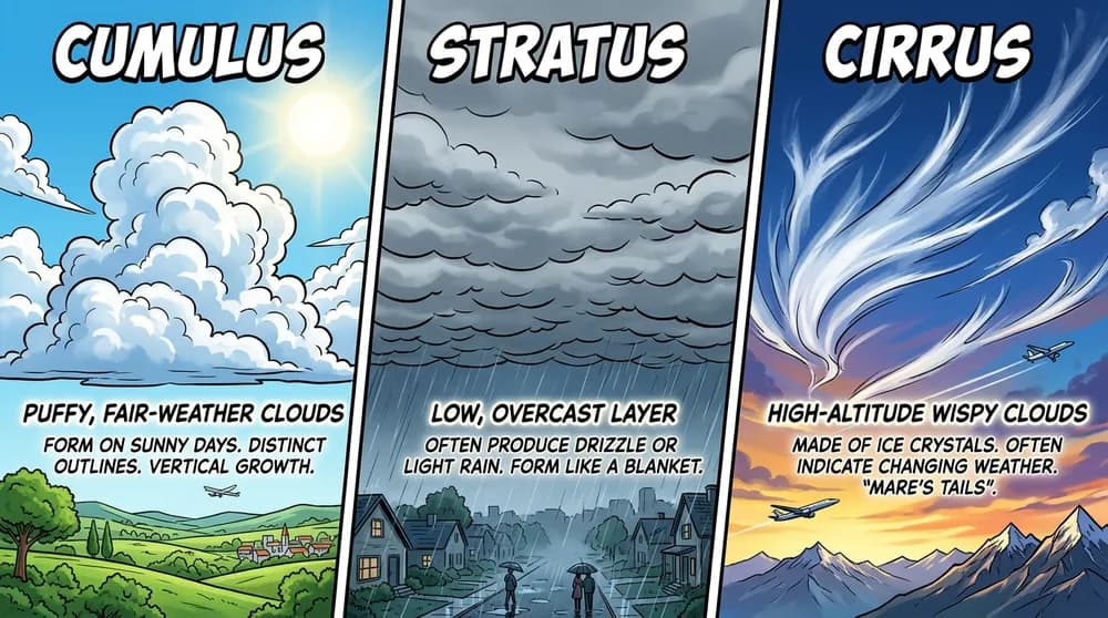 Three illustrated cloud diagrams labeled Cumulus, Stratus, and Cirrus