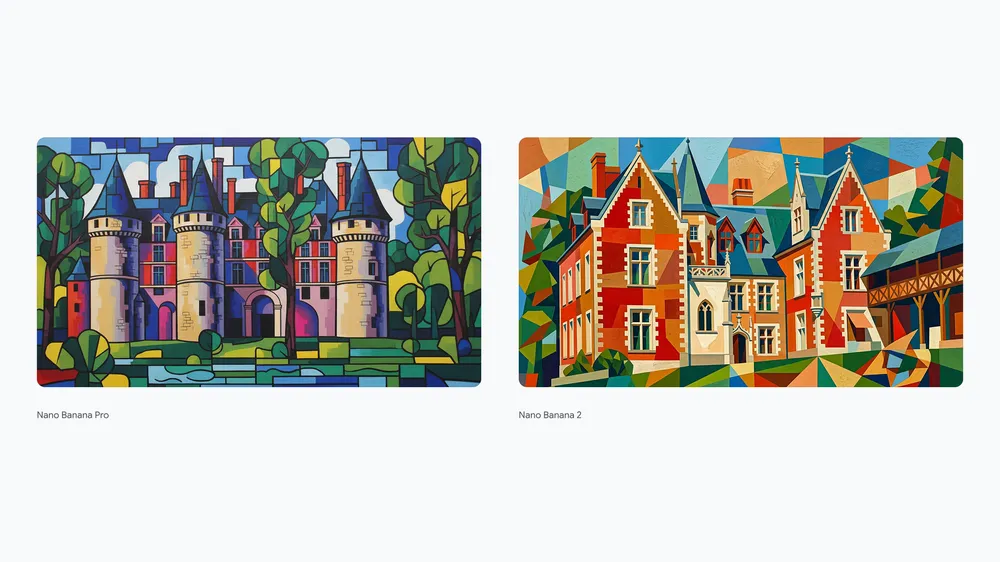 Google's cubist building comparison: Nano Banana Pro on the left and Nano Banana 2 on the right