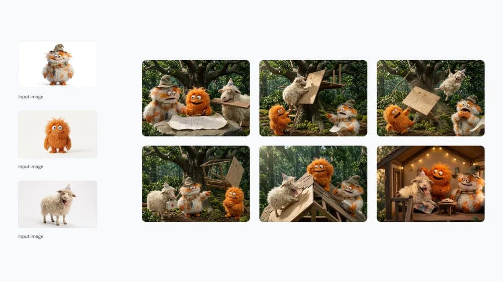 Google's Nano Banana 2 demonstration with three character references and six treehouse story scenes