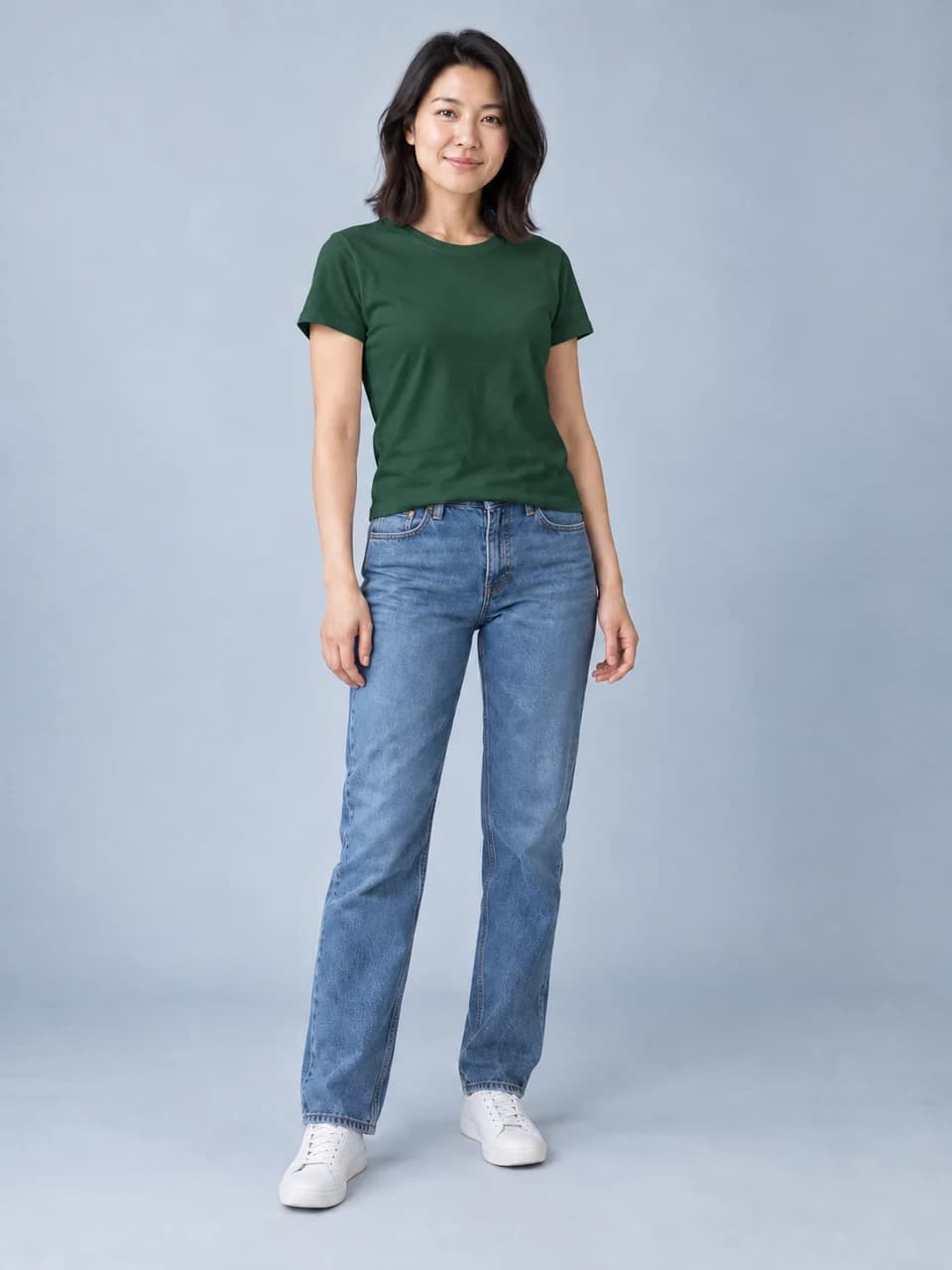 The same woman with her cotton T-shirt recolored forest green