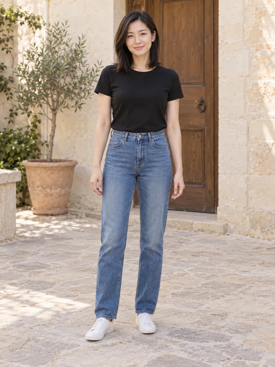 Woman in a black T-shirt and jeans in a stone courtyard