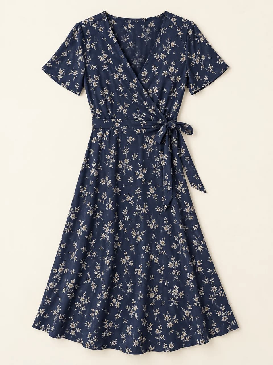 Navy wrap midi dress with an ivory floral print, V neckline and short sleeves