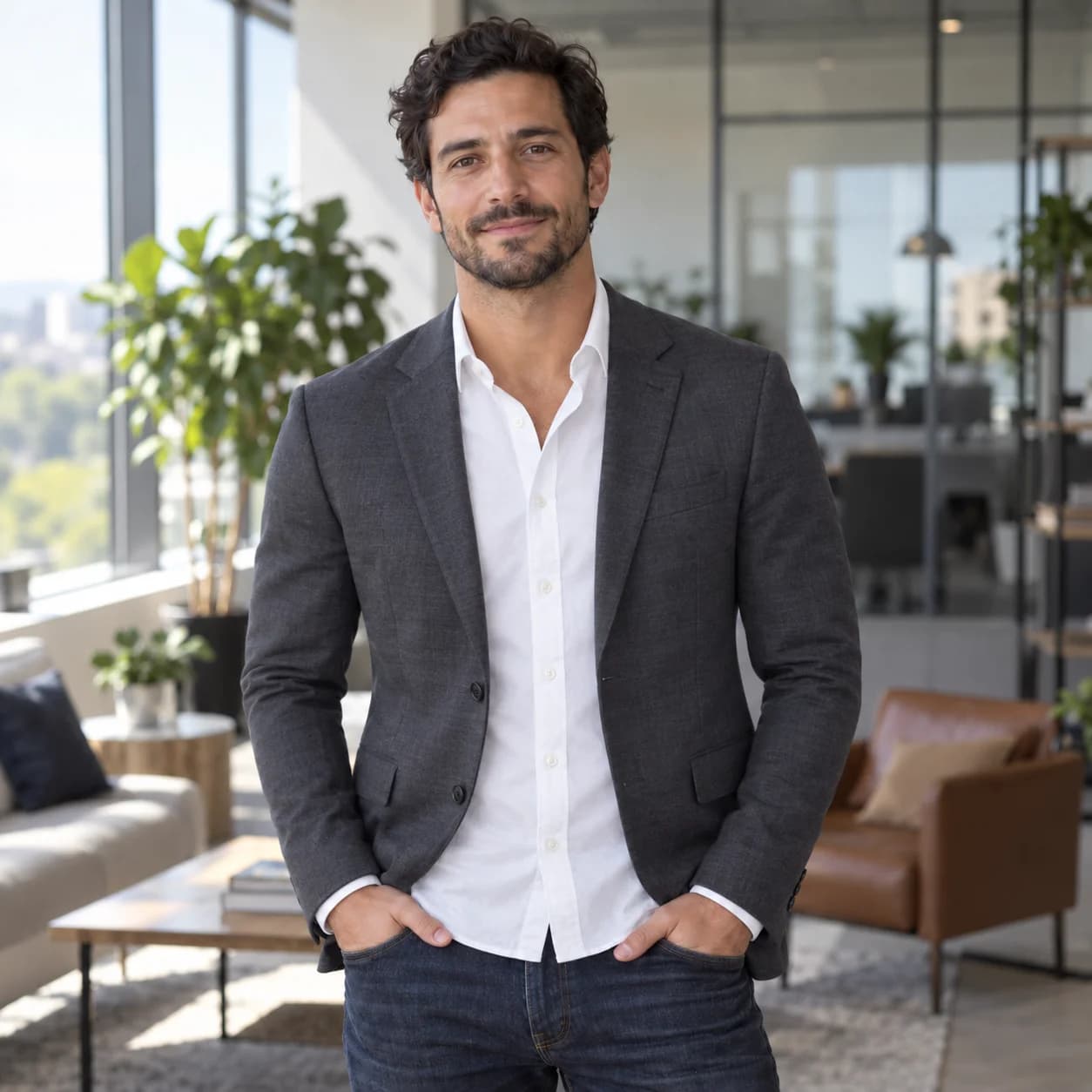 The same man in a charcoal blazer and white shirt