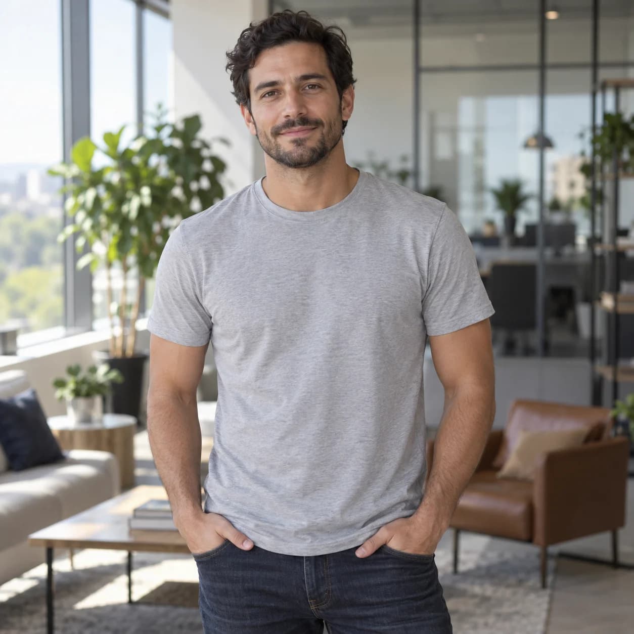 Man in a gray T-shirt in a bright office lounge