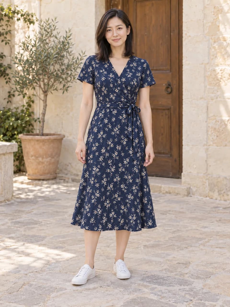 The same woman wearing the navy floral wrap dress from the reference