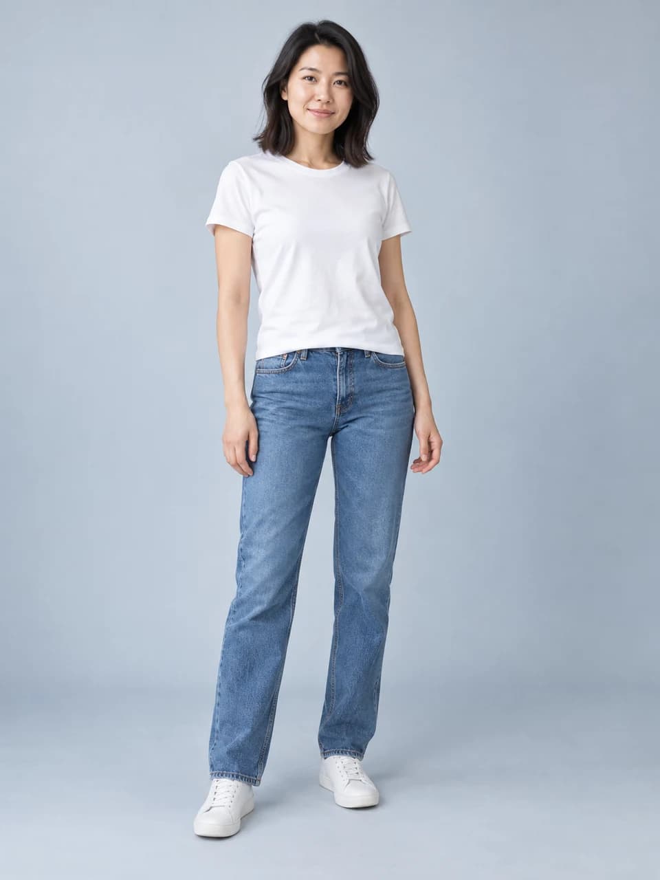 AI-generated source portrait of a fictional person in a white T-shirt, with part of the hem tucked in