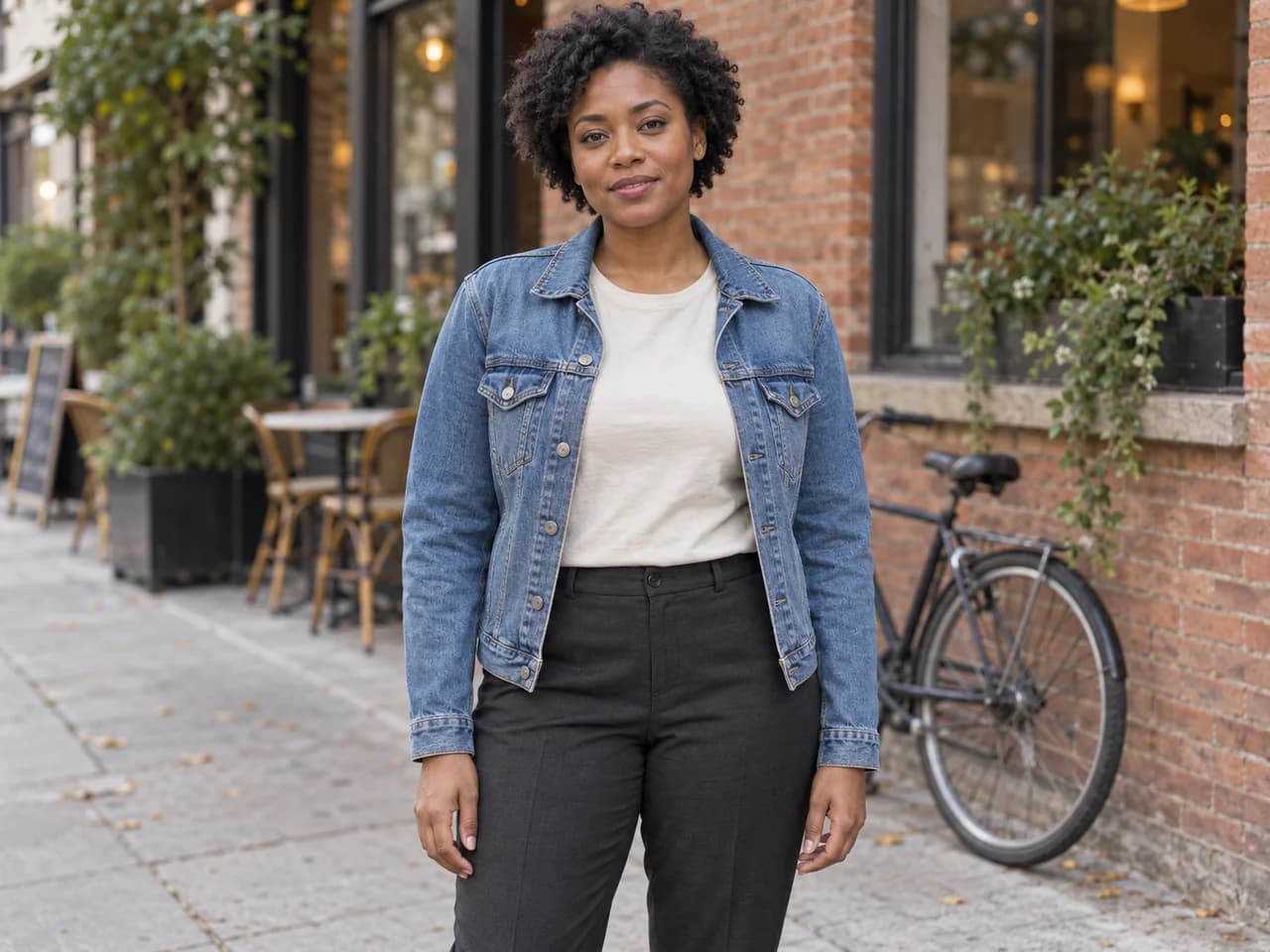 Woman in a denim jacket on a city street
