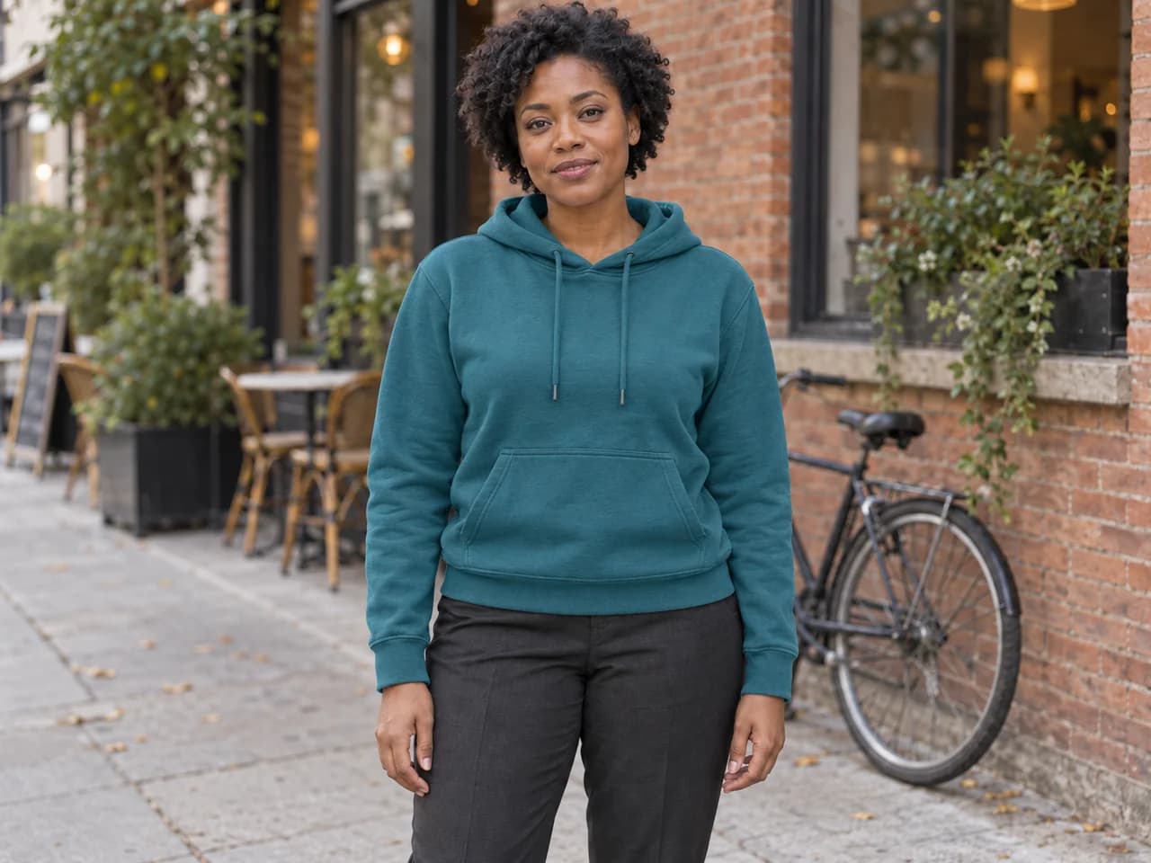 The same woman wearing a teal hoodie on the same street