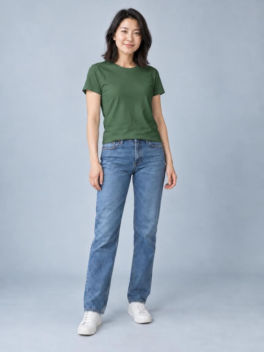Actual GPT Image 2 Low outfit edit from PhotoGenerAI's recorded comparison, showing a fictional person in a green T-shirt