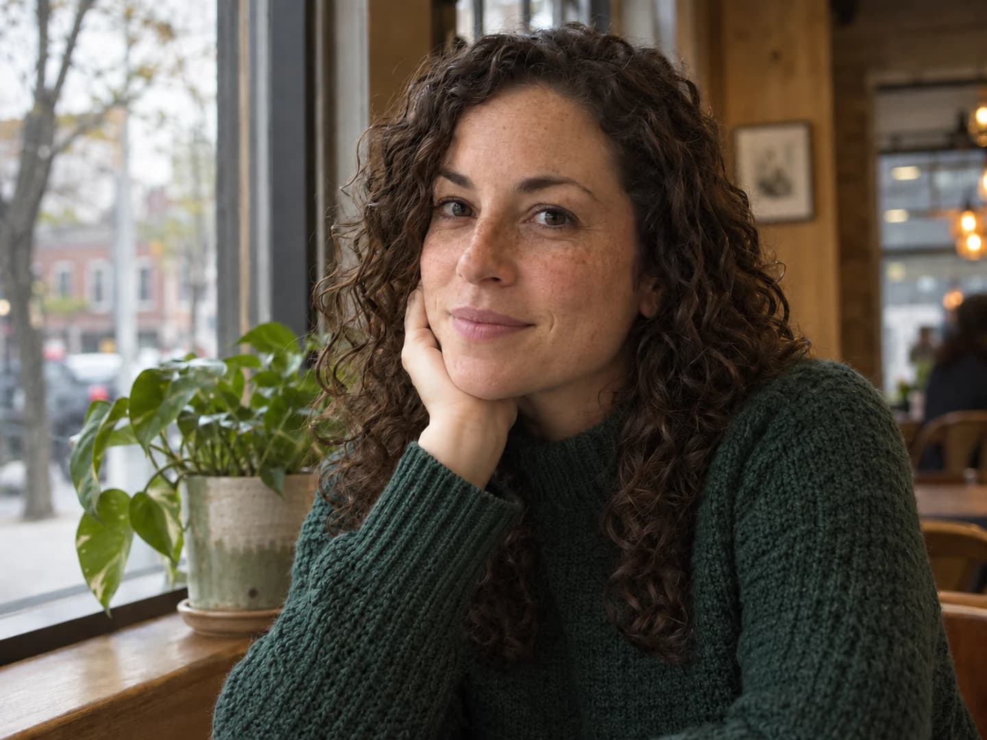 The same cafe portrait with balanced exposure and visible skin texture