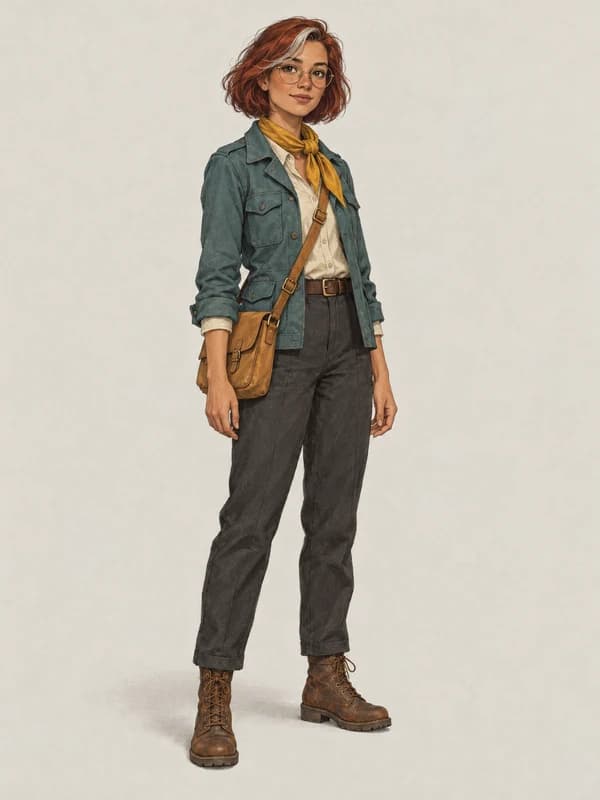 An illustrated explorer with auburn hair, round glasses, a teal jacket and a yellow scarf