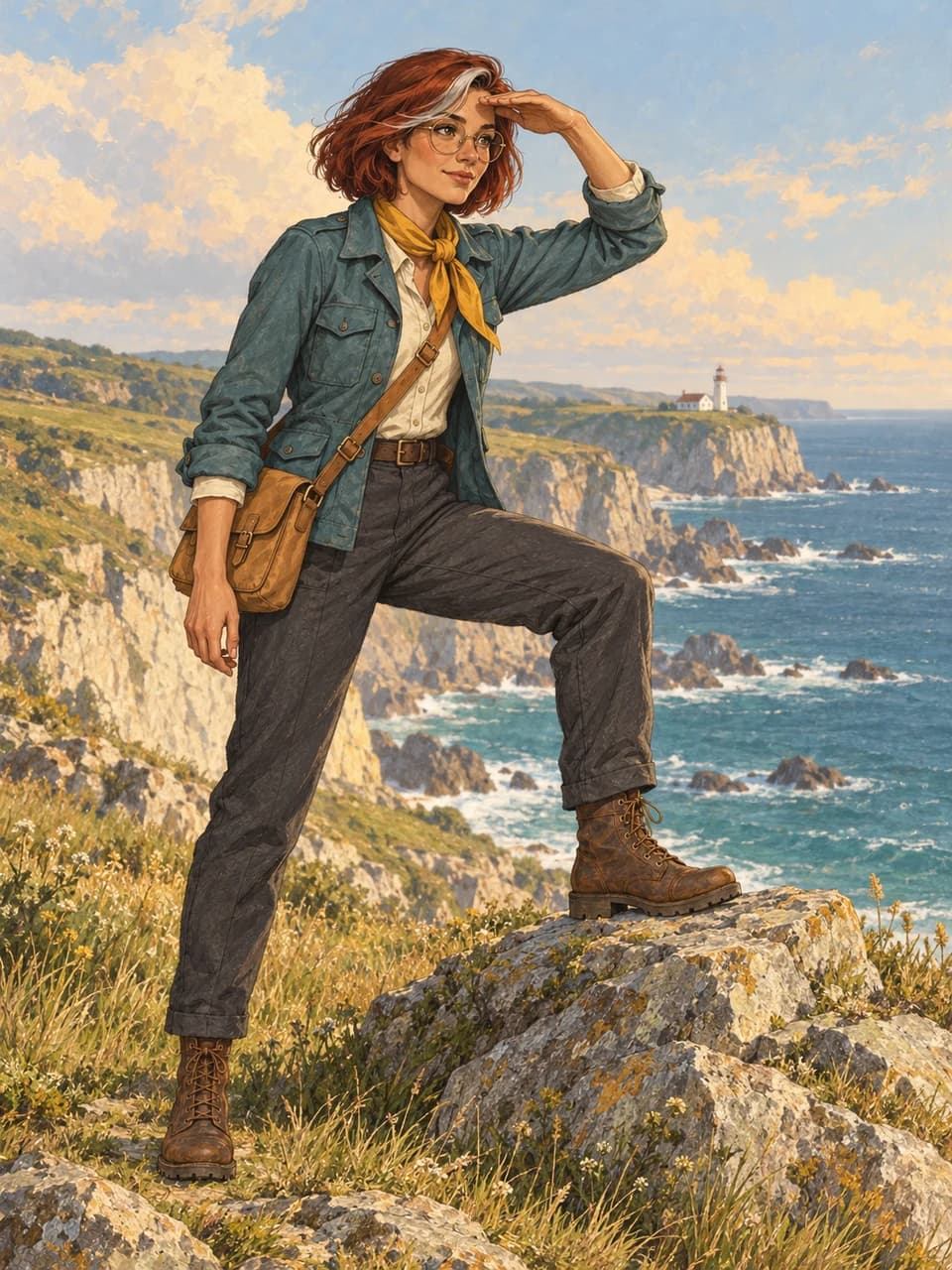 The same illustrated explorer in the reference pose, looking across coastal cliffs