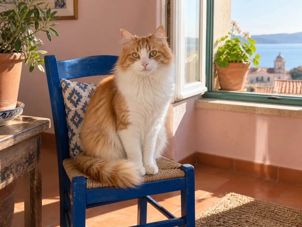 Photograph of an orange and white cat on a blue chair