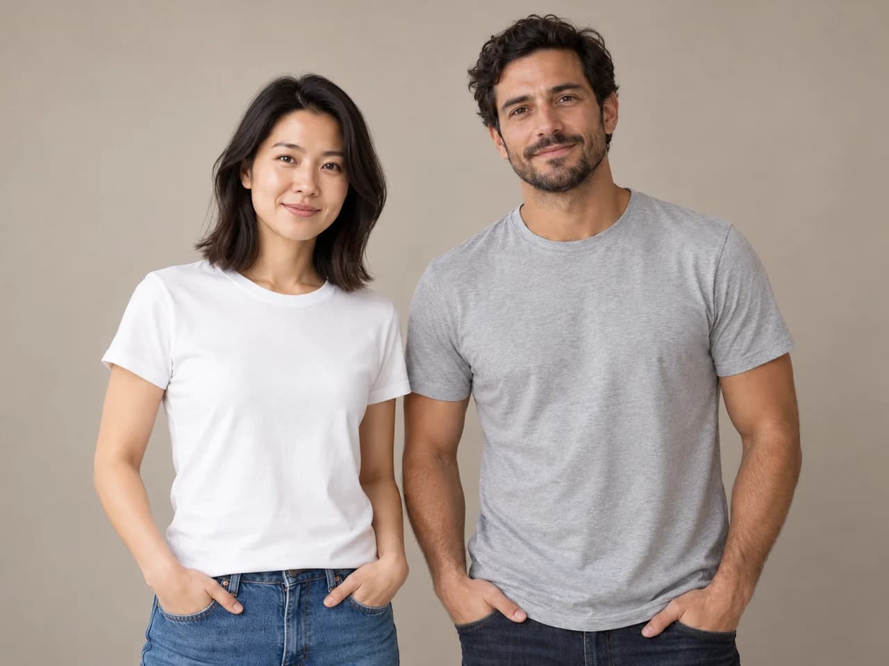The two reference people standing together against a warm studio backdrop