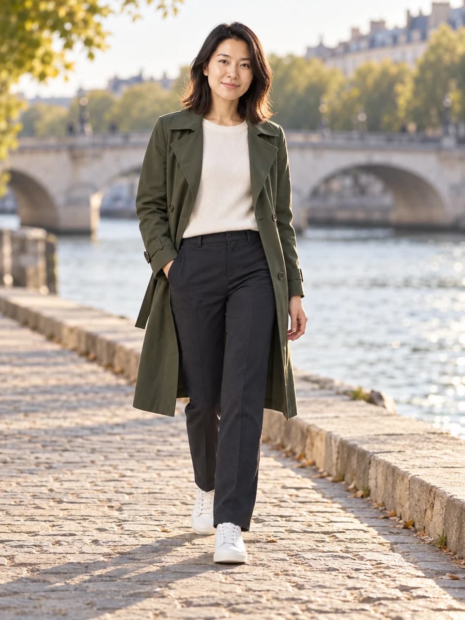 Woman wearing a green trench coat beside a river in a personal lookbook example