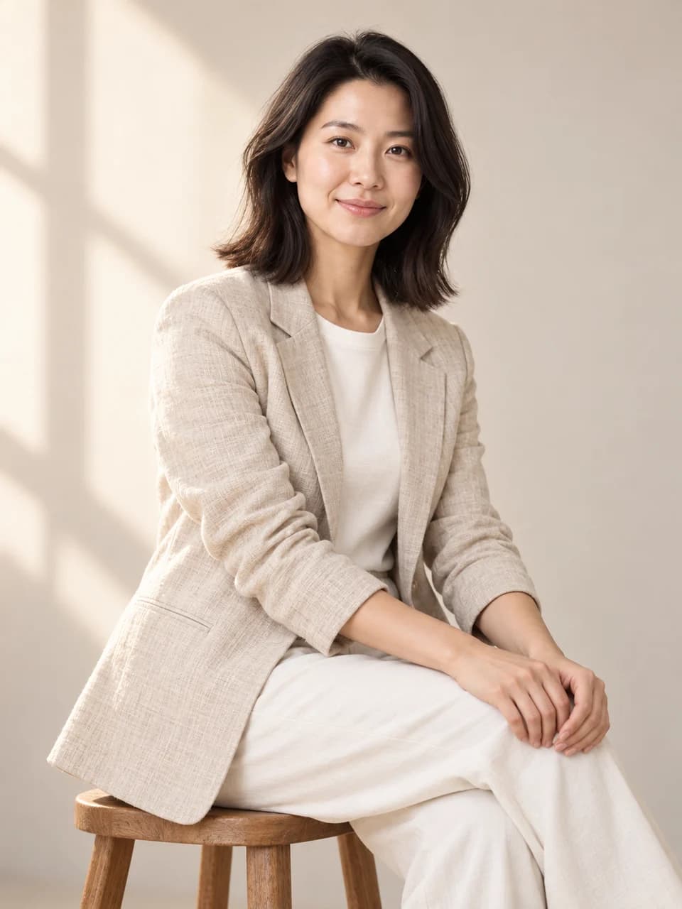 The same woman seated in an oatmeal linen blazer
