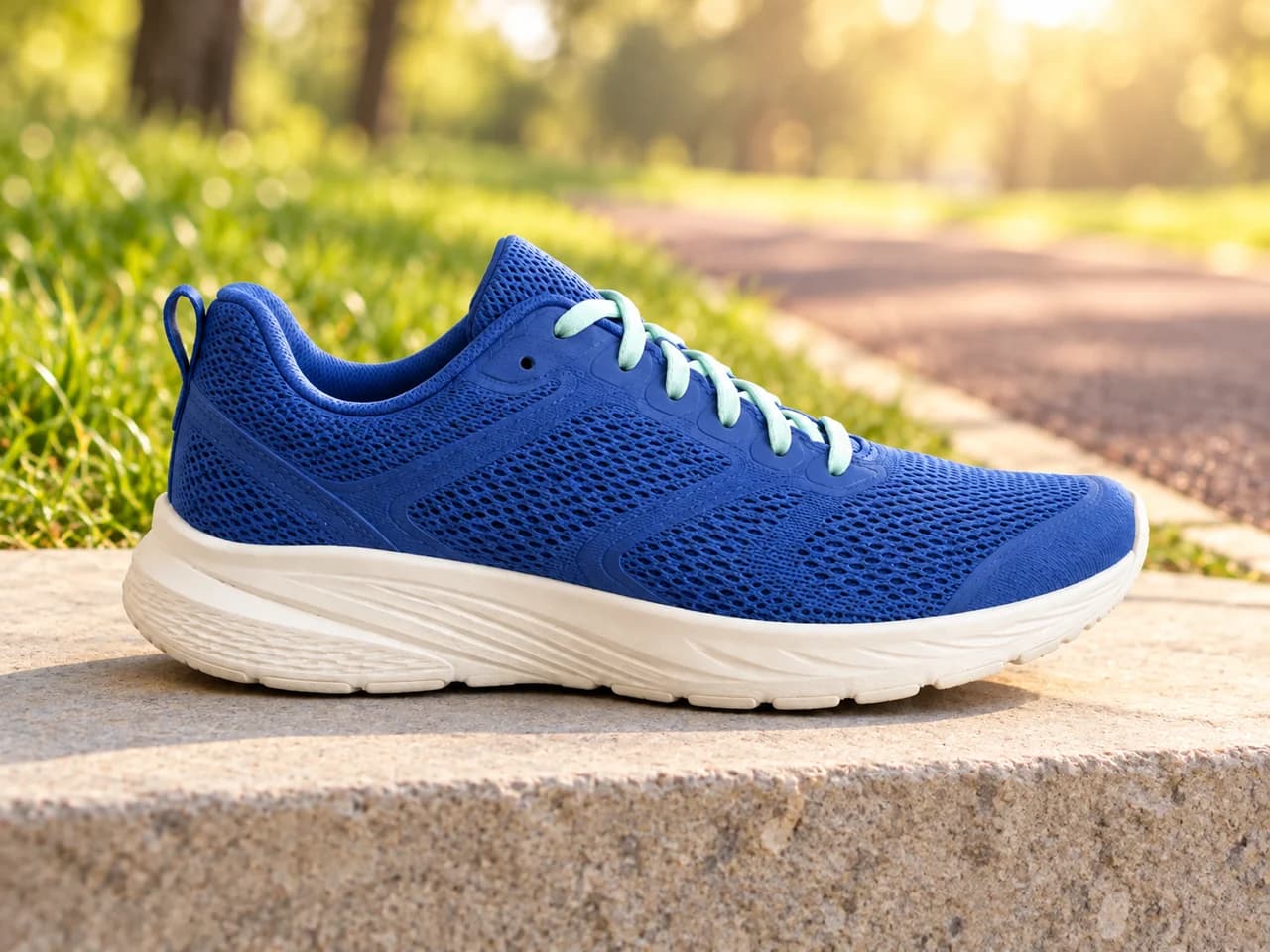 Blue running shoe on a stone step beside a softly blurred running path