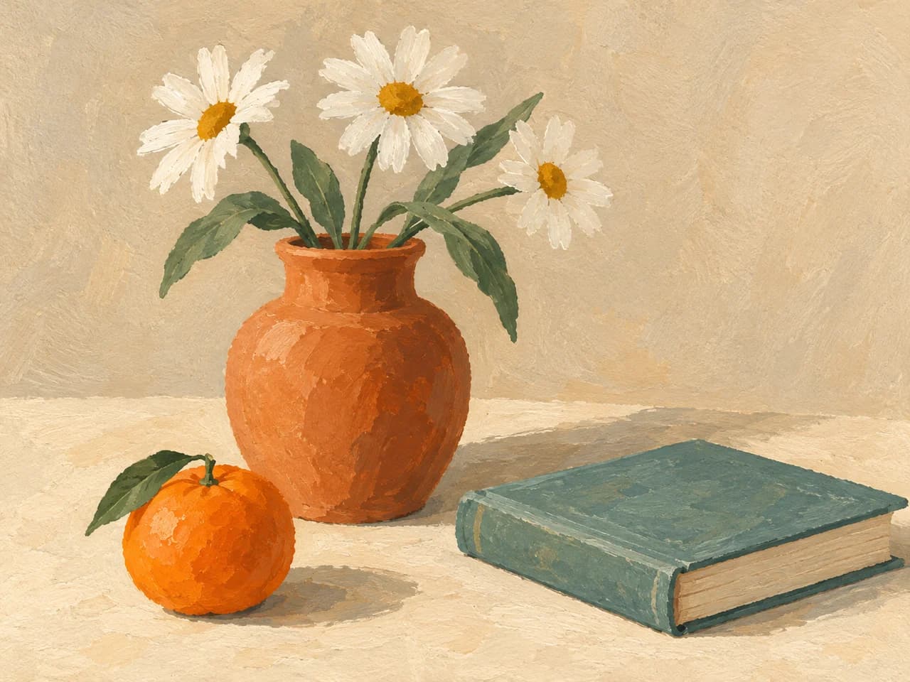 Gouache still life with a terracotta vase, white daisies, teal book and orange
