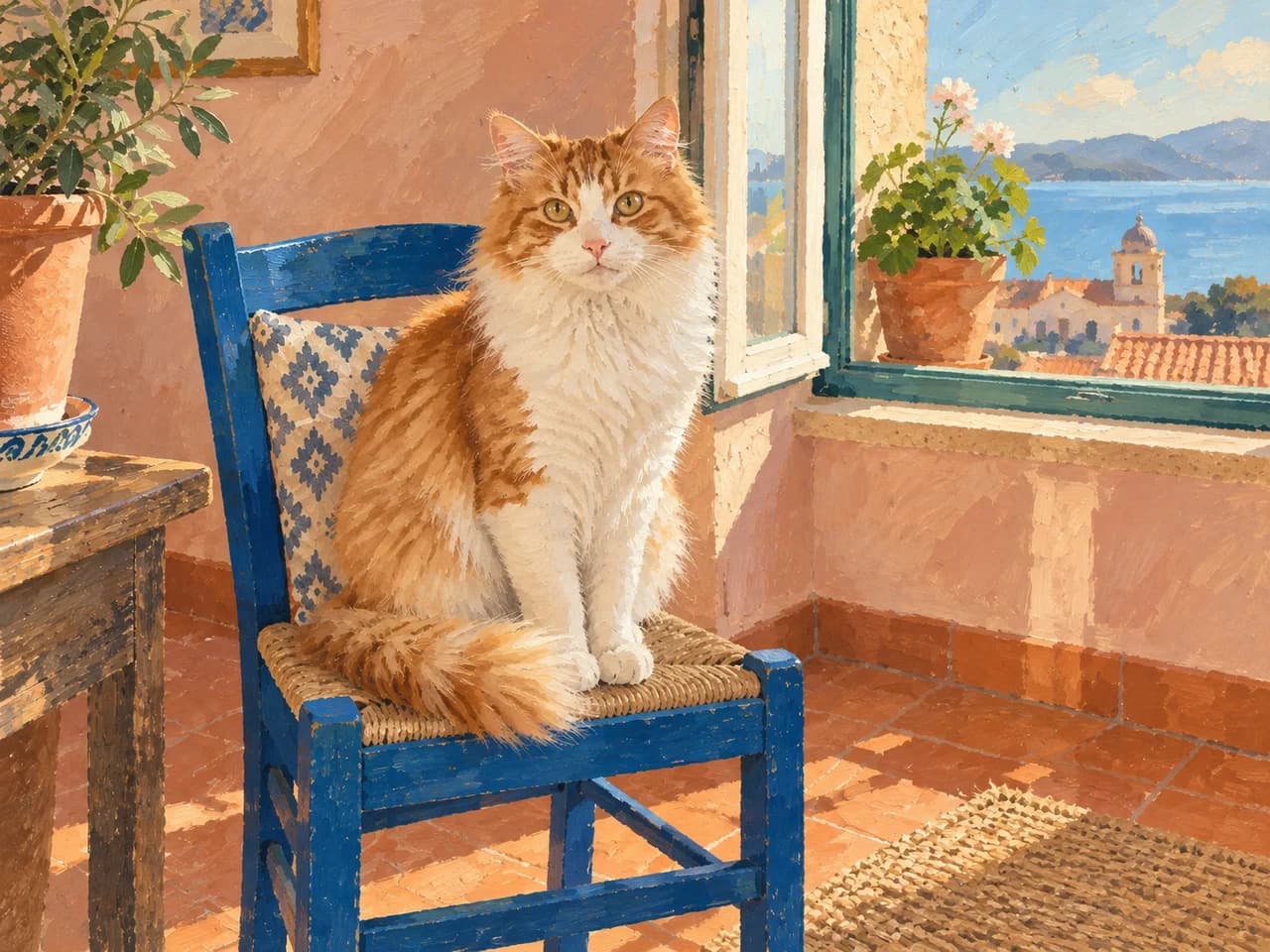 Cat and Mediterranean room rendered in textured gouache with a cream, terracotta and teal palette